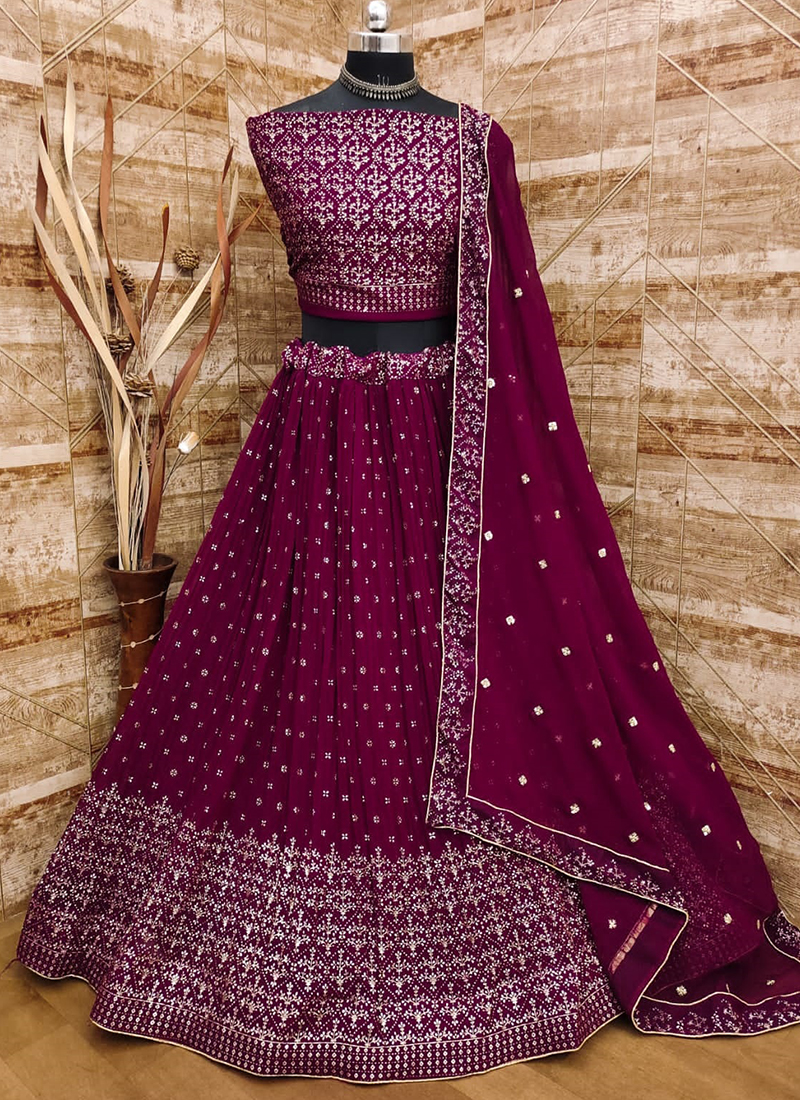 Buy Wine Sequins Georgette Readymade Lehenga - Koskii