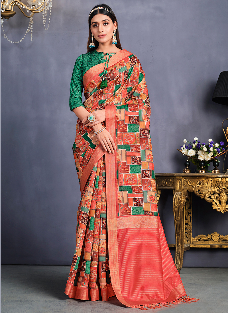 Buy SWEET SMILE FAB Geometric Print Raw Silk Regular Fit Women's Saree with  Blouse Set | Shoppers Stop