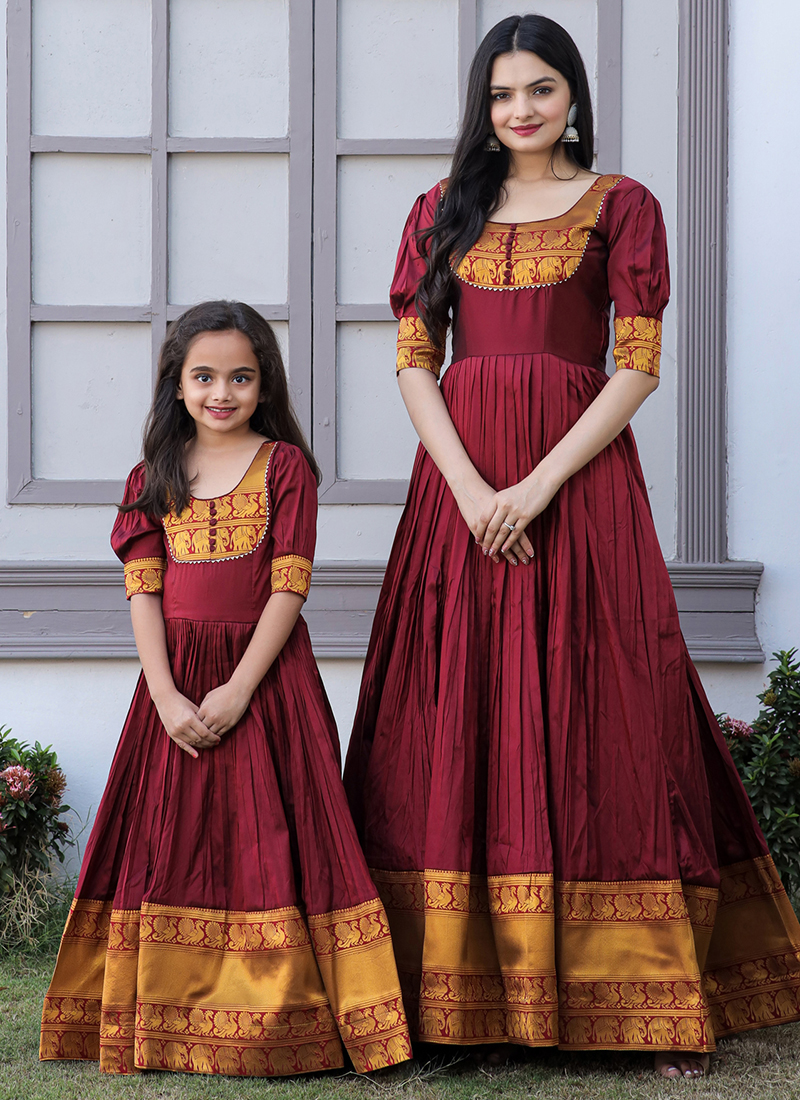 Maroon Silk Designer Mother and Daughter Set WJ028011 | Mom daughter matching  dresses, Mother daughter dresses matching, Kids designer dresses