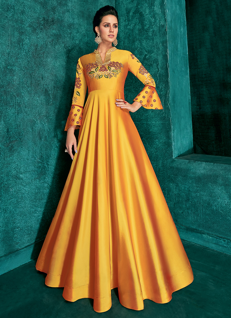 Buy Party Wear Yellow Embroidery Work Georgette Gown Online