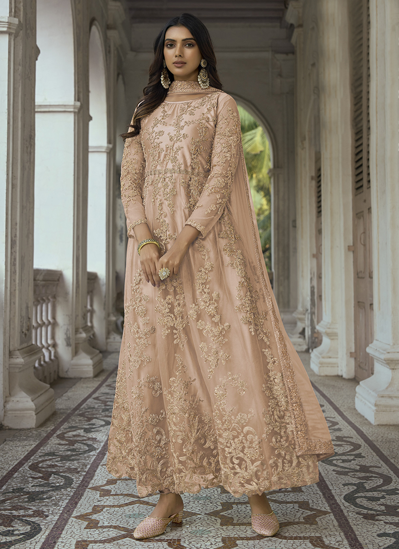 Buy Dusty Pink Net Anarkali Suit With Beads Work Online - LSTV03850 |  Andaaz Fashion