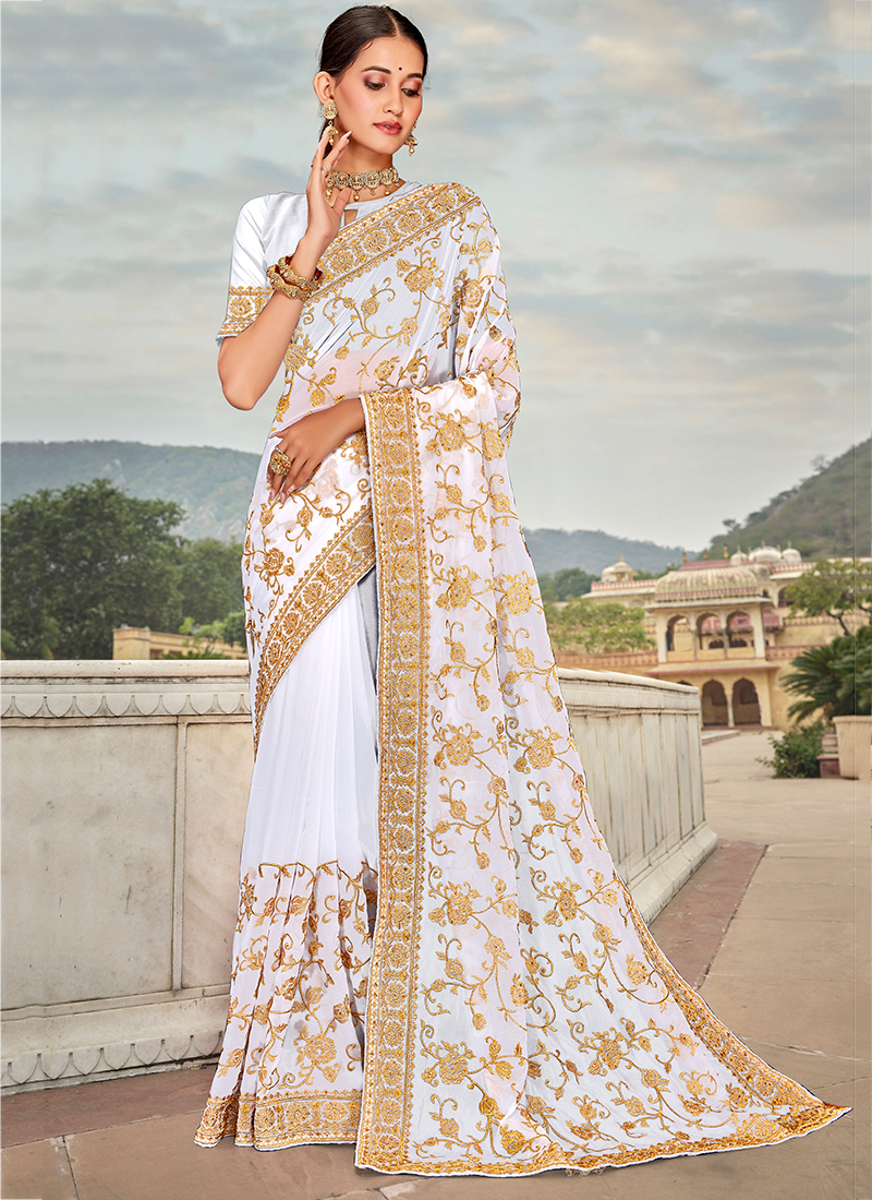 Buy White Net Party Wear Resham Work Saree Online From Wholesale Salwar.