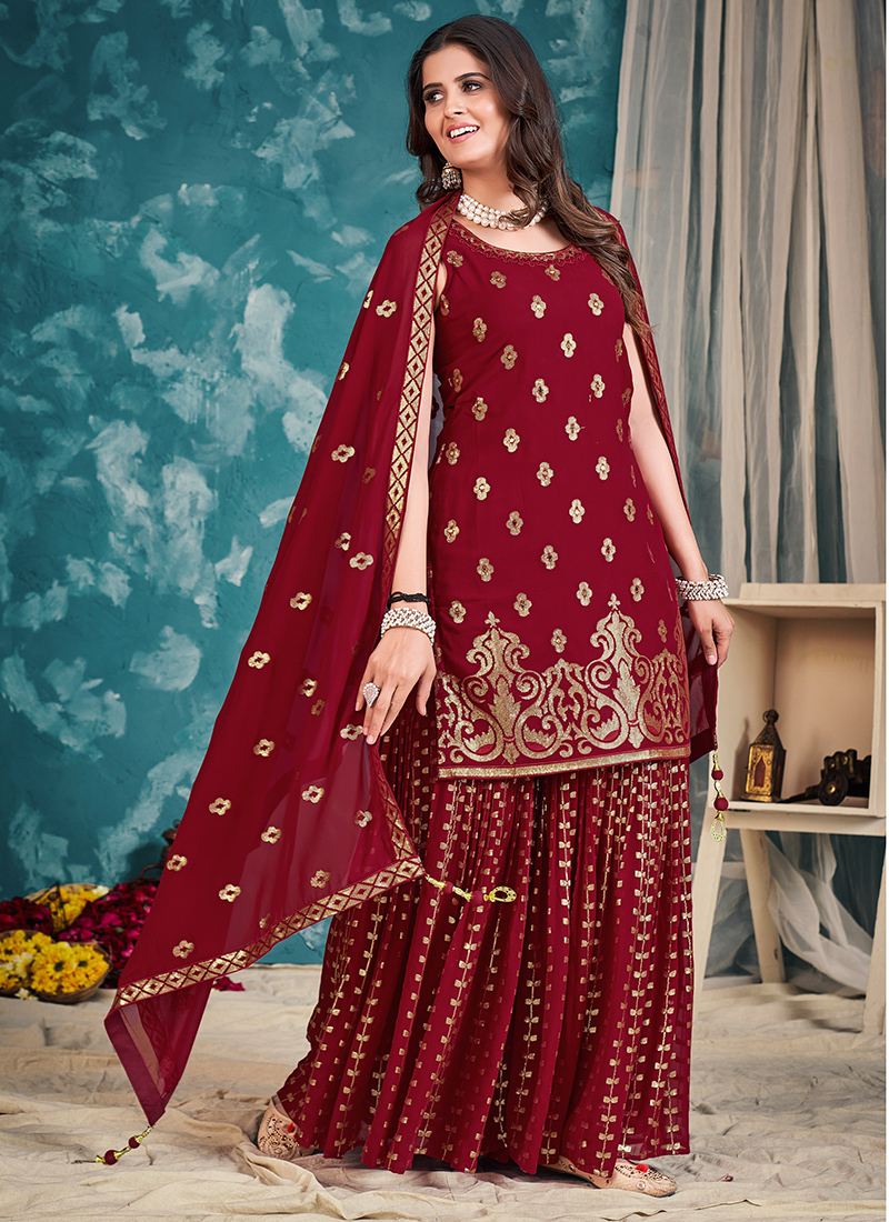 Soft Premium Net Wedding wear Readymade plazo in Maroon with Embroidery &  Stone work - Anarkali Suits - Suits & Sharara