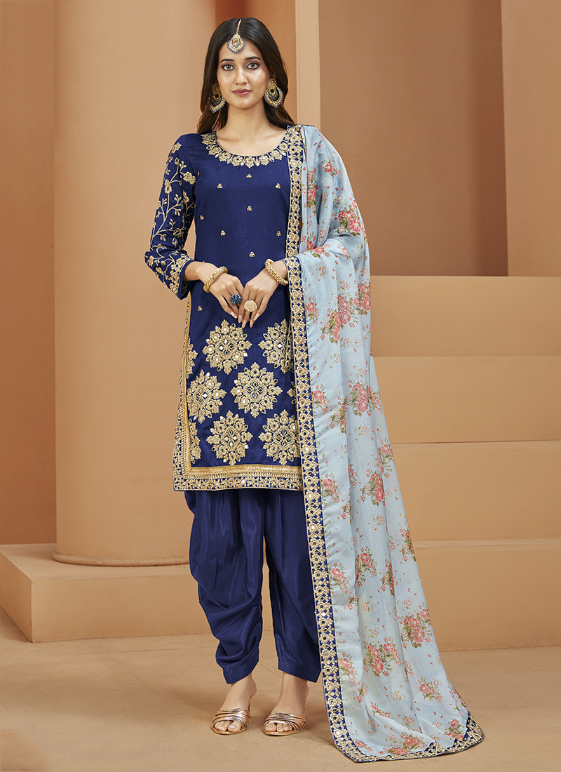 Attractive Navy Blue Color Embroidered Patiyala Suit -