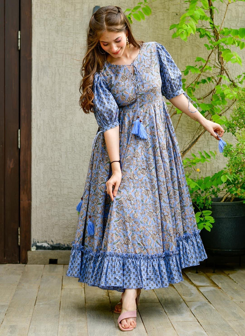 Buy Festival Wear Grey Digital Printed Cotton Gown Online From