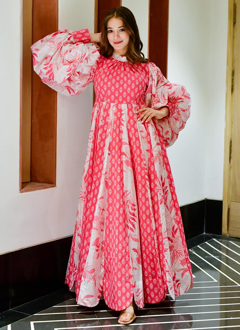 Festival Wear Pink Digital Printed Cotton Gown