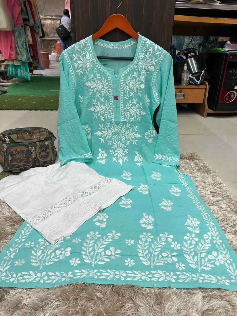 Buy Traditional Wear Turquoise Blue Lucknowi Work Modal Kurti With Pant ...