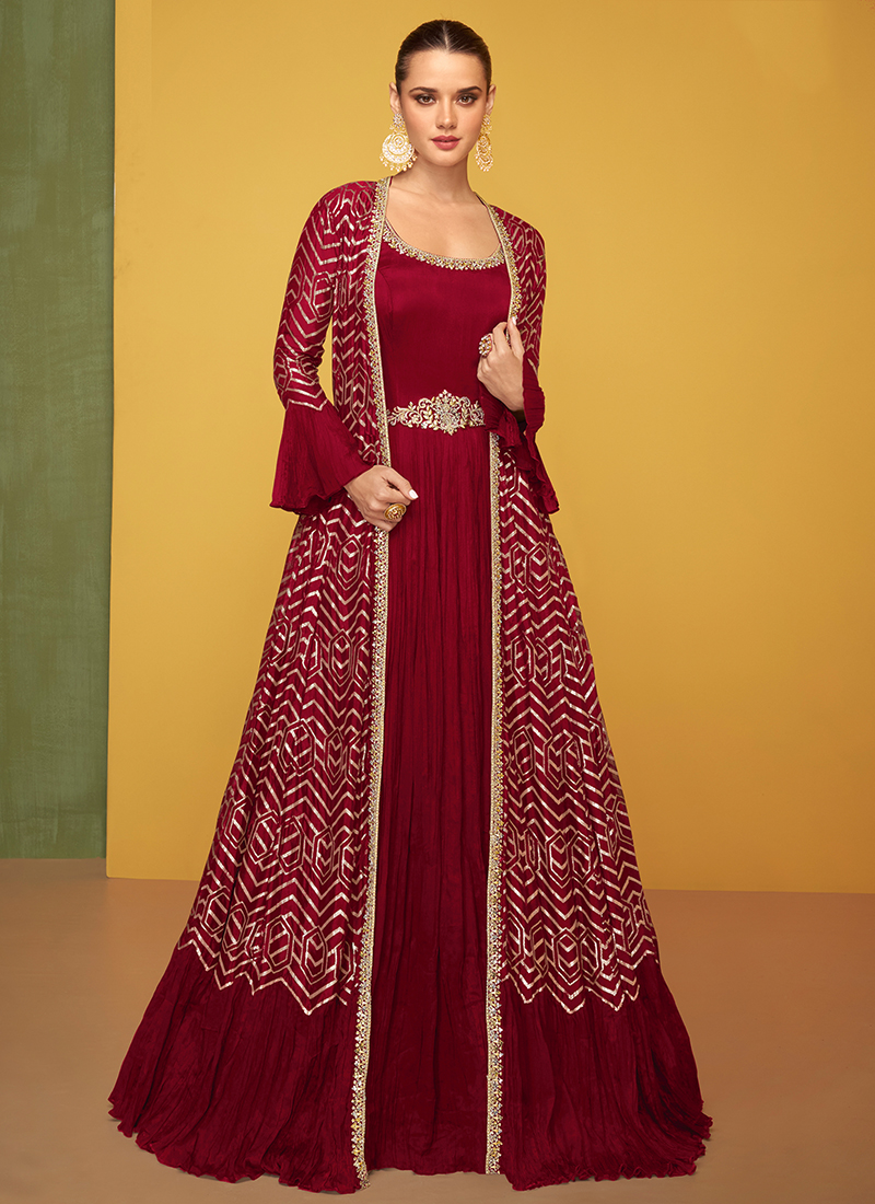 Maroon Designer Heavy Embroidered Net Wedding Anarkali Gown - XXS