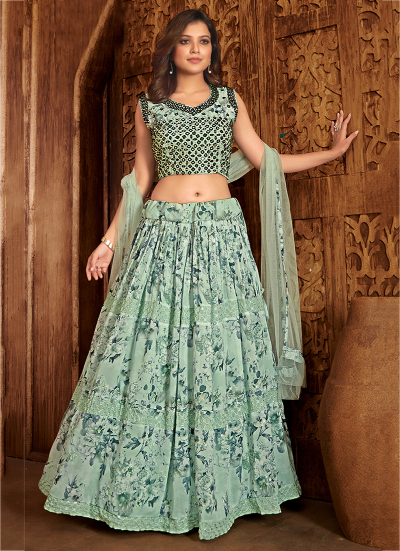 DELIVERY IN 20-25 DAYS) SEA GREEN COLOUR CROP TOP & SKIRT EMBELLISHED –  Kothari Sons