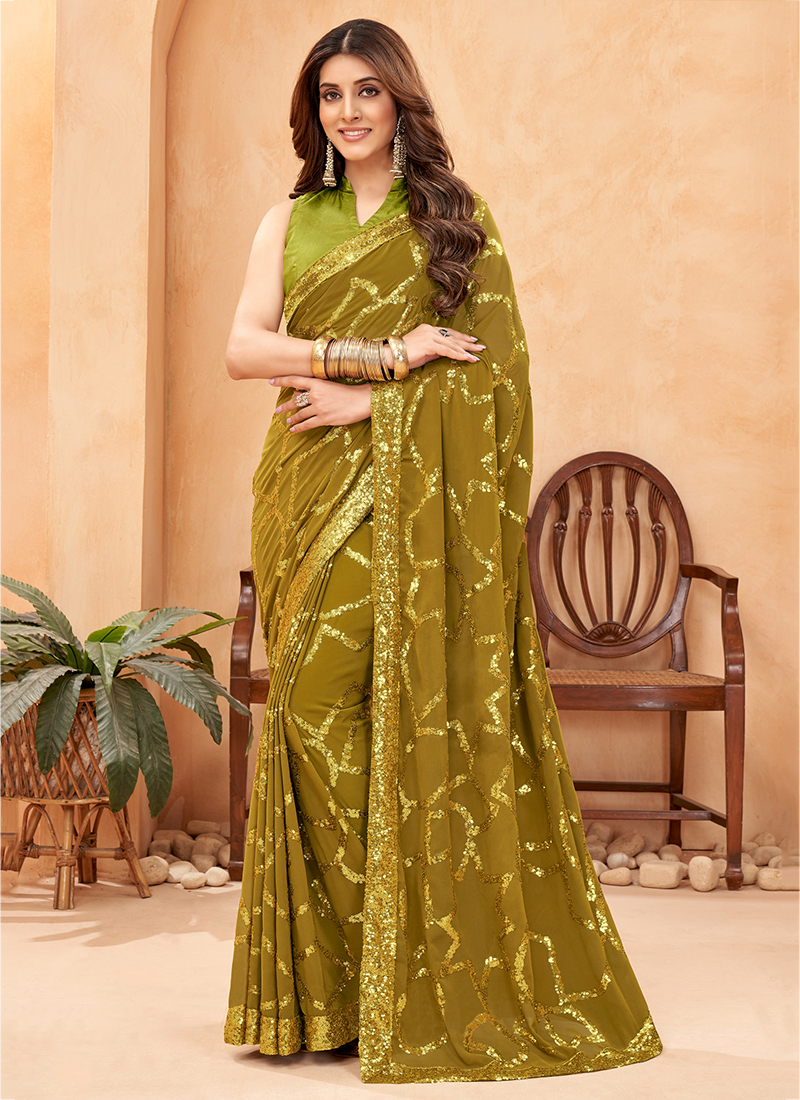 Buy Olive Green Art Silk Gota Saree Wedding Wear Online at Best Price |  Cbazaar