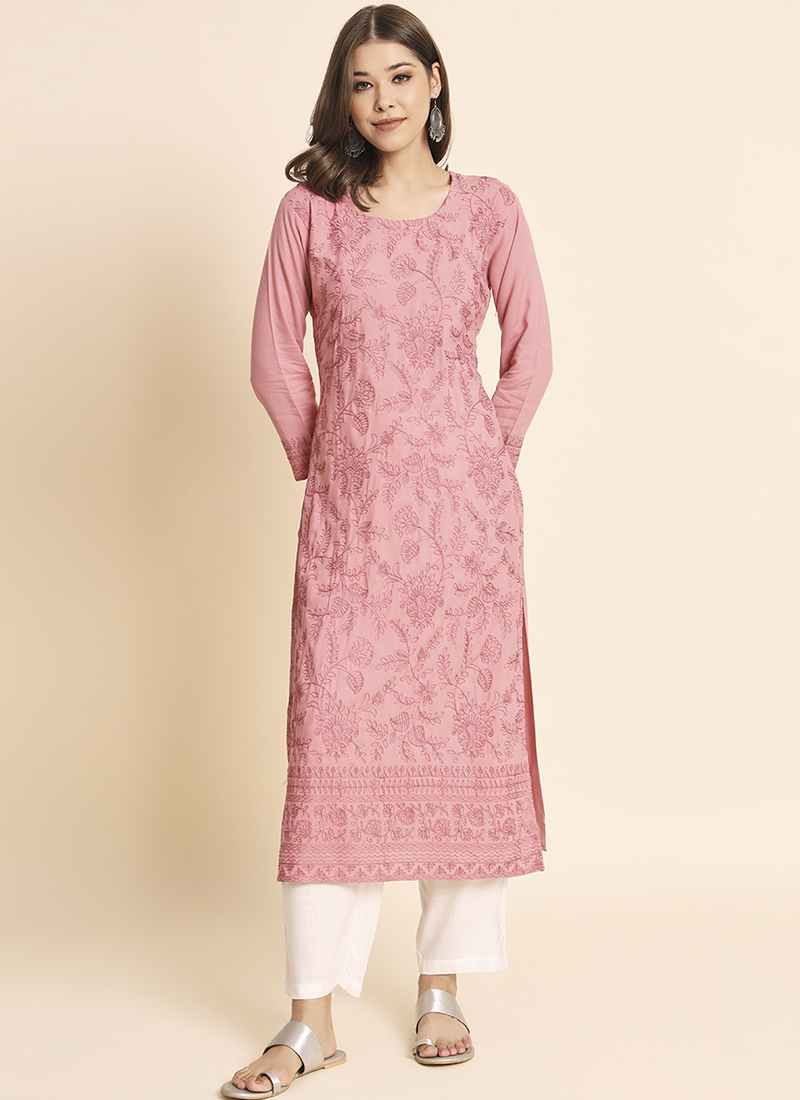 Buy Daily Wear Pink Lucknowi Work Rayon Kurti Online From Surat Wholesale  Shop