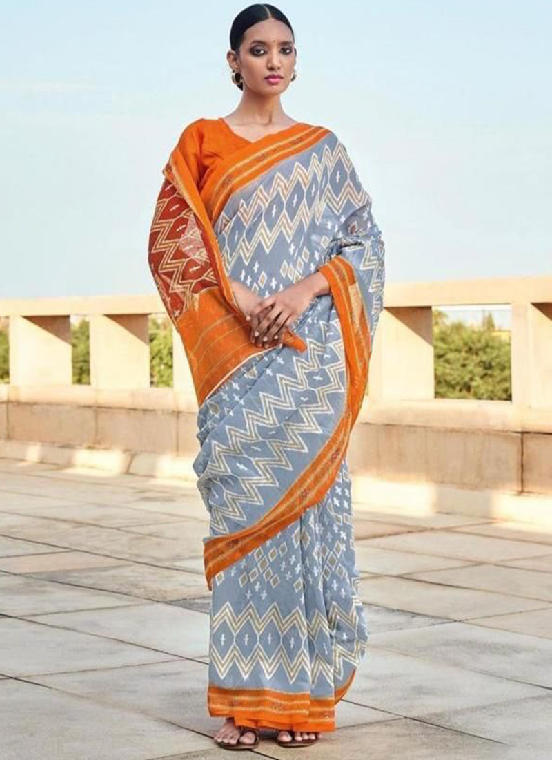 Rama Blue With Orange Border Kanjivaram Silk Saree - New Sudarshan Silk