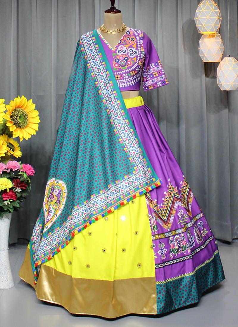 Buy Navratri Wear Mirror Work Cotton Silk Purple Lehenga Choli Online ...