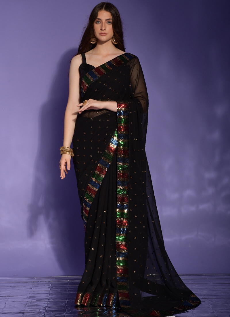 Buy Organza Black Saree With Small Floral Embroidered Butis Online | Raw  Mango