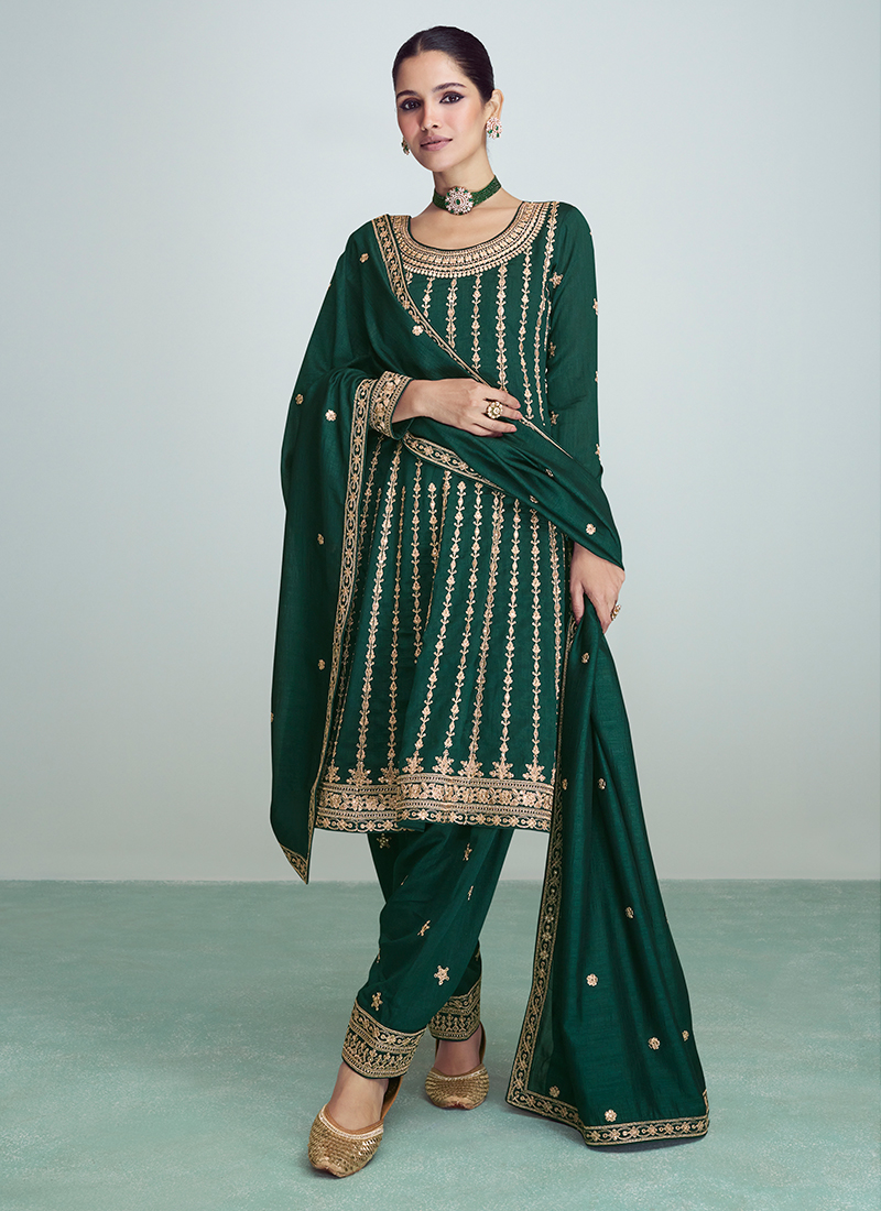 Bottle Green Faux Georgette Salwar Kameez Pant Green Embroidery with 5 MM  Sequenece Work – Arabic attire