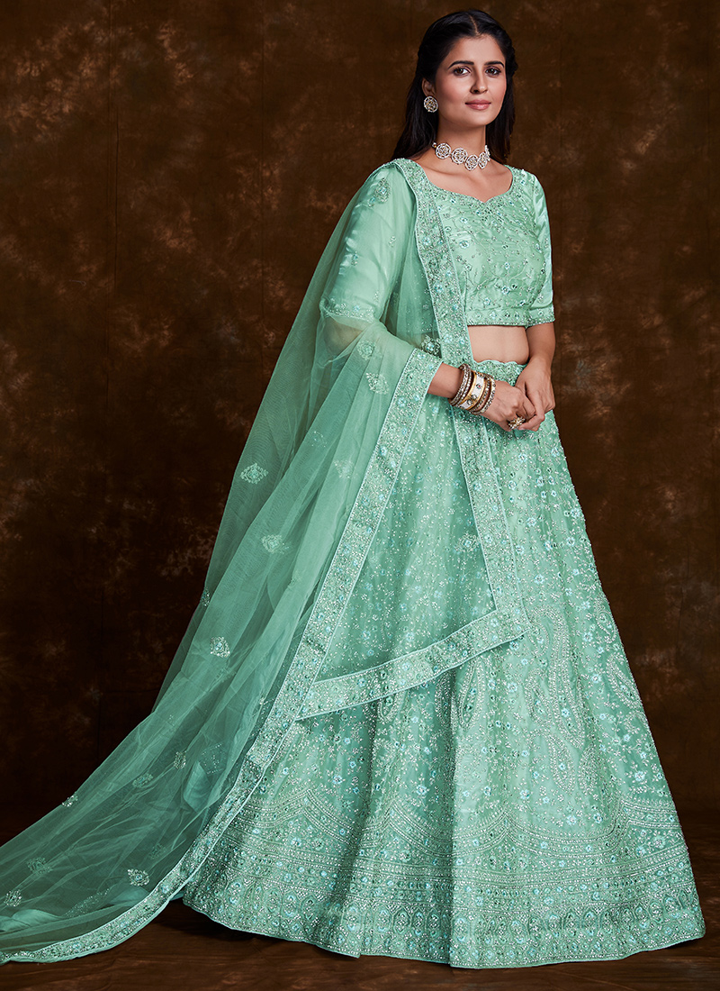 Sea Green Embroidered Satin Lehenga Choli