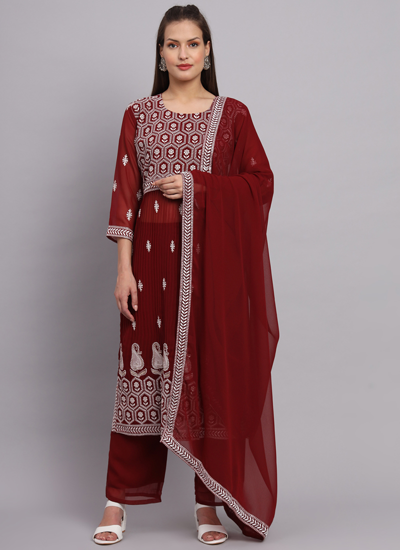 Buy Festival Wear Maroon Embroidery Work Net Churidar Suit Online From  Surat Wholesale Shop.