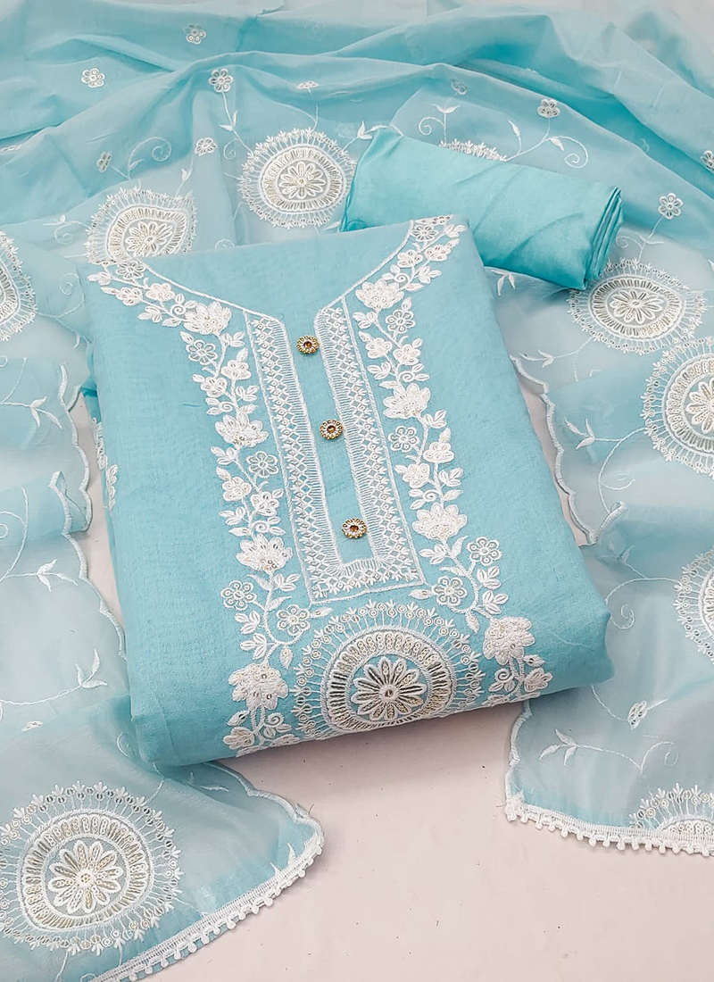 blue colour dress materials Blooming Sky Blue Colored Embroidered Cotton Dress Material main image 0