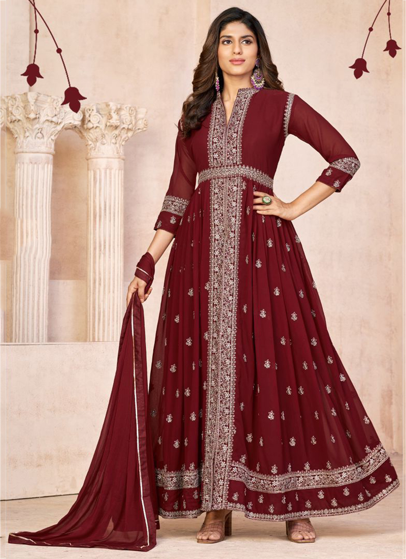 Stylish Peachy Beige Georgette Wedding Party Anarkali Suit