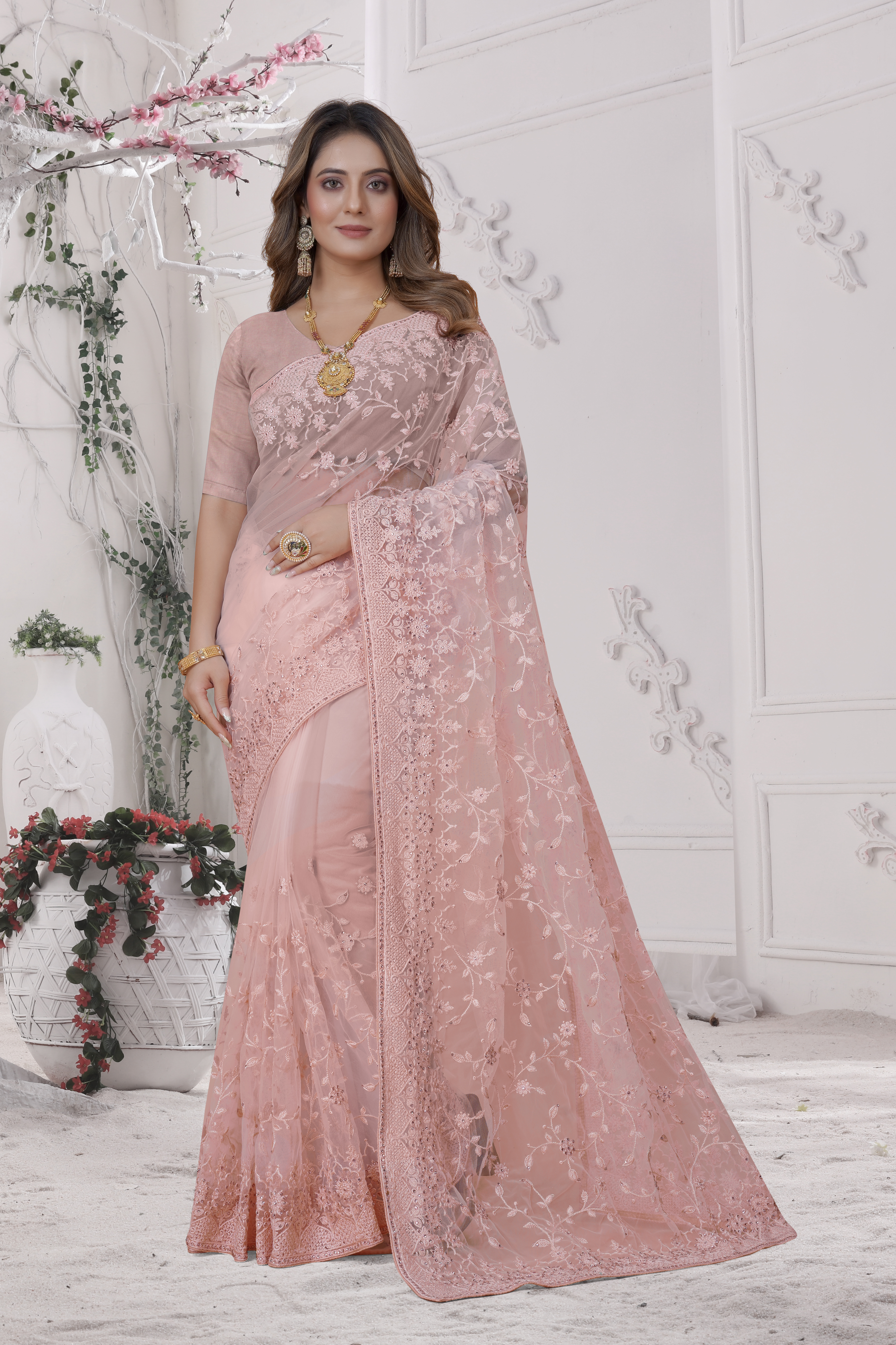 Buy Wedding Wear Dusty Peach Embroidery Work Net Saree Online