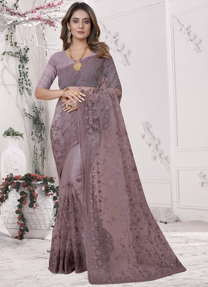 Buy Lavender color lichi silk woven wedding wear saree at fealdeal.com