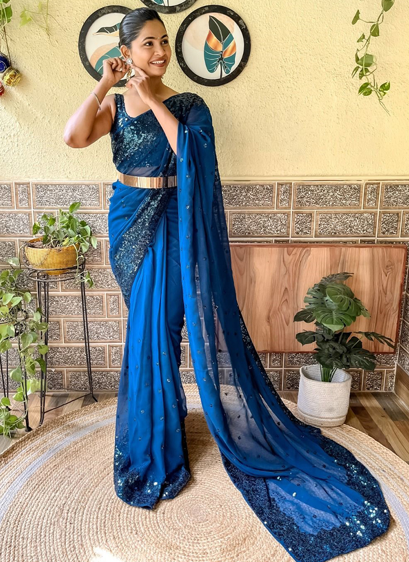 Electric Blue Georgette Pre-Stitched Saree Set Design by Paulmi & Harsh at  Pernia's Pop Up Shop 2023