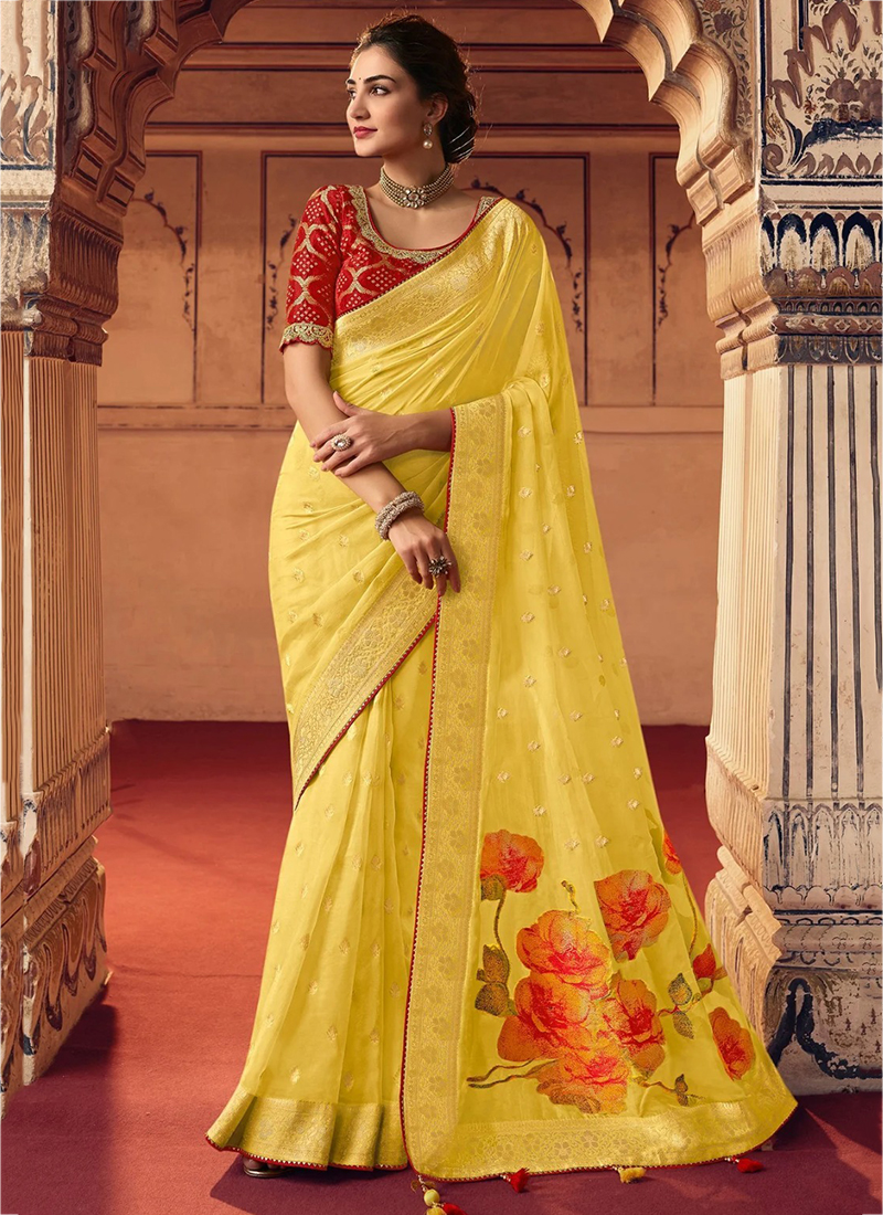 Digital Printed Organza Saree in Yellow : SPF9247