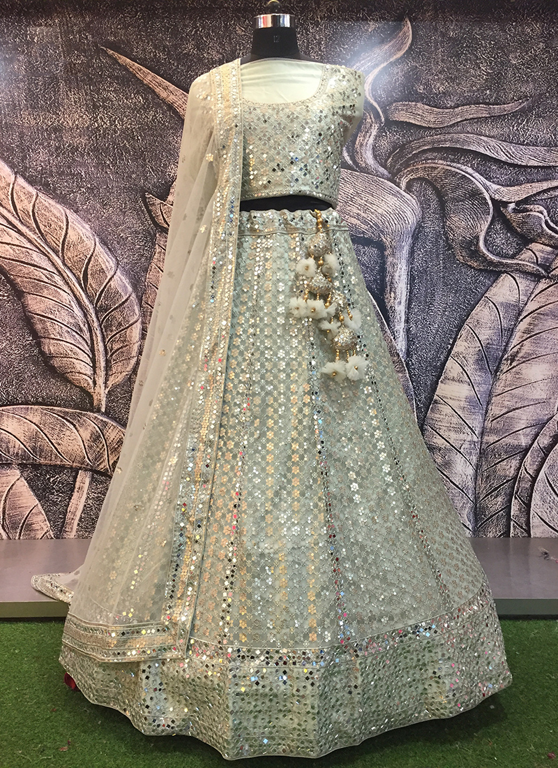 Off-white silk Banarasi Mirror work Lehenga: Bridal Reception Outfit |  Mirror work lehenga, Indian wedding wear, Bridal outfits
