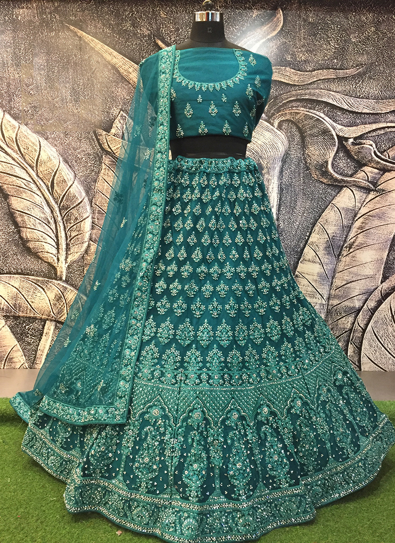 Firozi Color Pure Cotton Ready to Wear Lehenga Choli With Gaji Silk Dupatta  in USA, UK, Malaysia, South Africa, Dubai, Singapore