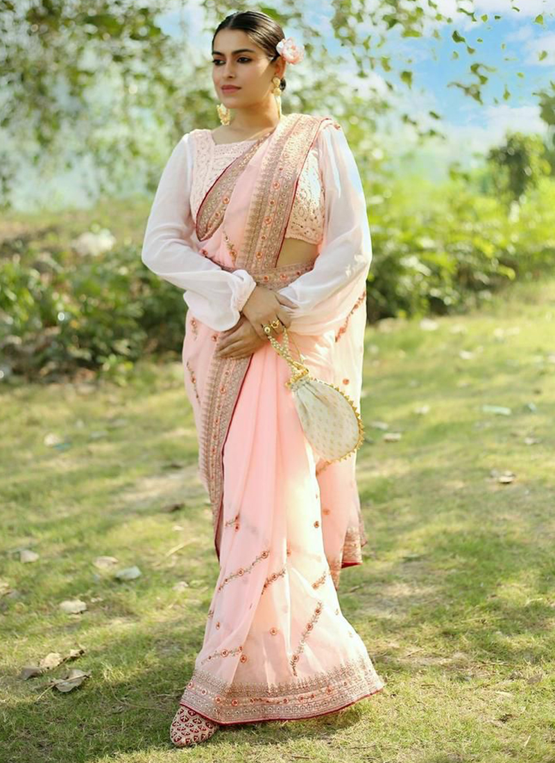 Georgette Stone Work Baby Pink Saree with Blouse Piece, Length: 5.5 m at Rs  800 in Surat