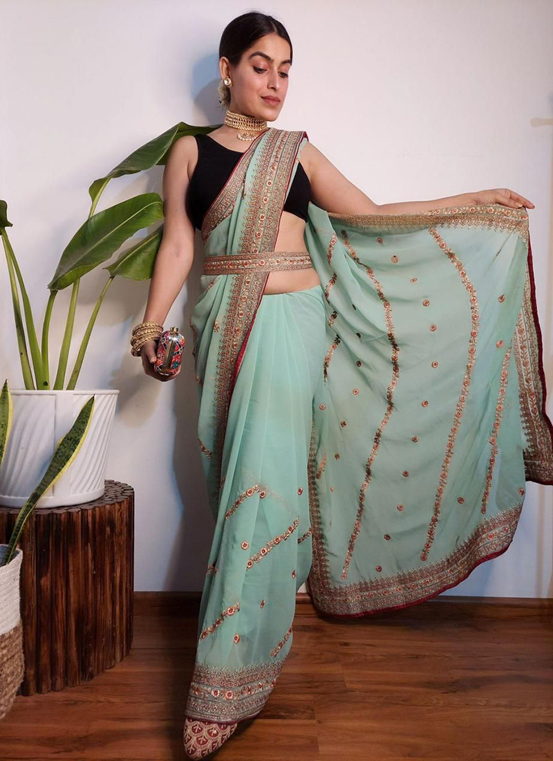 Buy Party Wear Pista Green Embroidery Work Georgette Saree Online From  Surat Wholesale Shop.