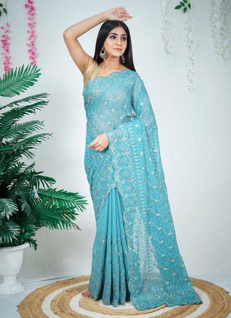 Sky Blue Handcrafted Georgette Saree with Embroidery Work Blouse