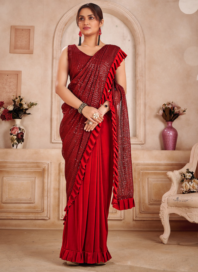 New Designer Gray with Red Color Bridal Fancy Saree Party Wear