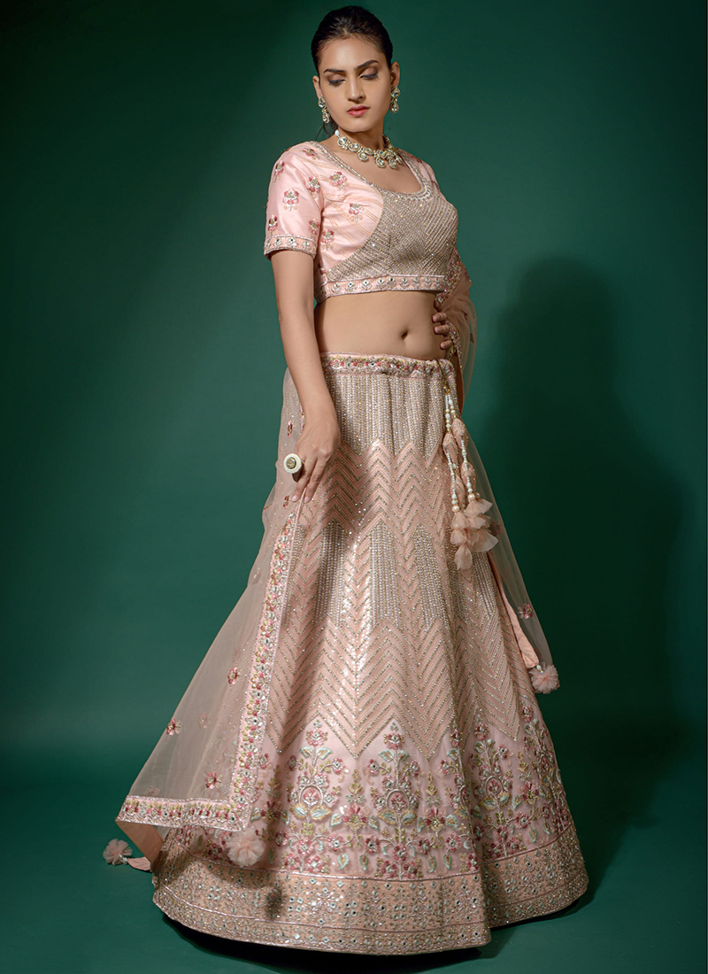 Buy Mauve Threadwork Net Readymade Lehenga - Koskii