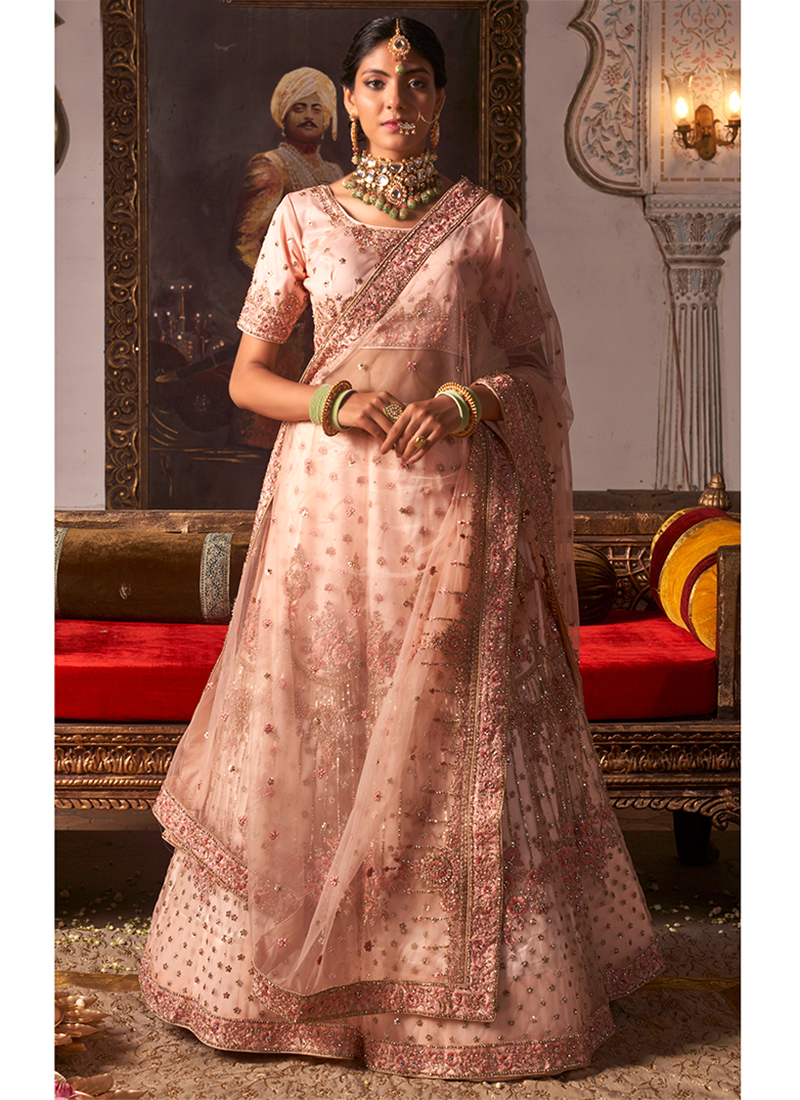 Pink georgette mirror work lehenga choli 6310