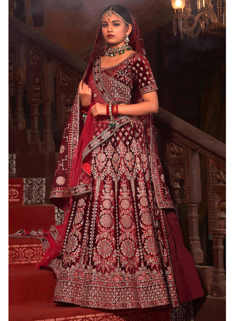 Wine Red Designer Embroidered Kurti Style Lehenga | Saira's Boutique