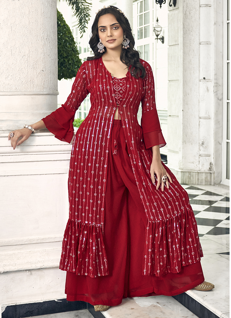 Navy Blue Silk Palazzo Suit With Red Floor Length Jacket BP900731
