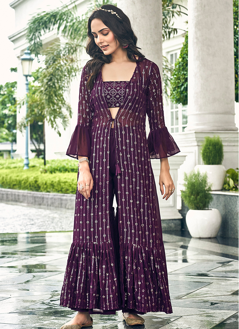 Beautiful Plazo with blouse top and long jacket. | Indian fashion dresses,  Dress indian style, Designer party wear dresses