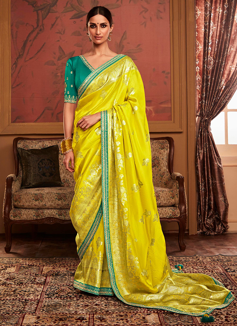 Yellow colour silk hot sale saree for wedding