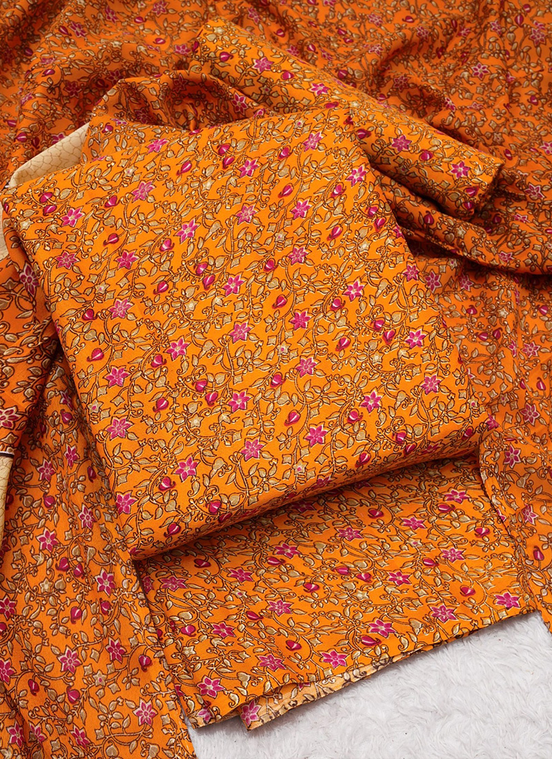 Buy Regular Wear Orange Printed Work Cotton Dress Material Online From  Surat Wholesale Shop.