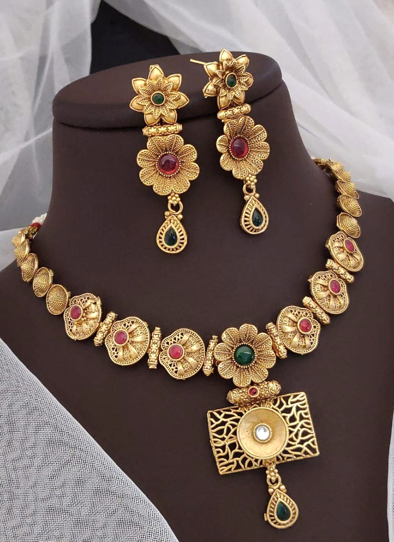 22K Gold Long Antique Necklace & Drop Earrings Set with Stones - 235-GS2816  in 149.250 Grams