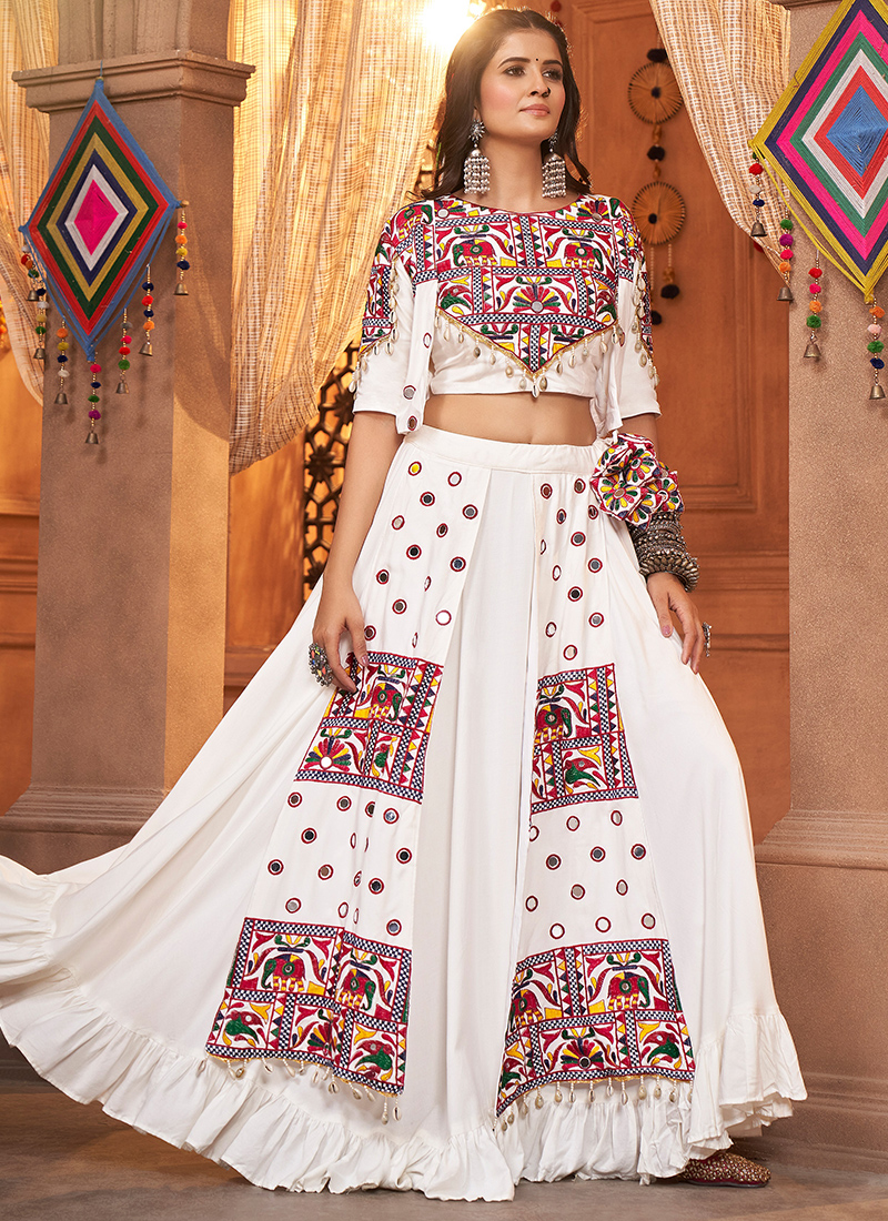 Navratri Wear White Thread Work Viscose Rayon Ready To Wear Lehenga Choli RAAS9 2354