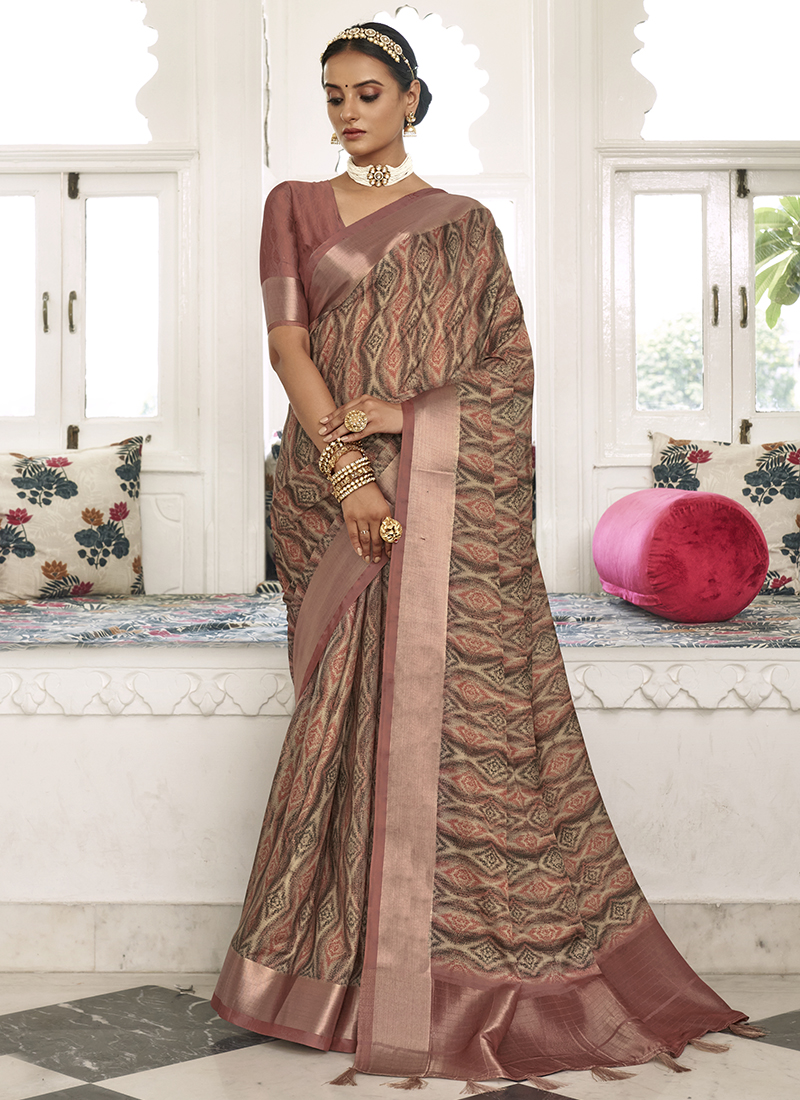 Brown Printed Soft Silk Saree - Urban Womania