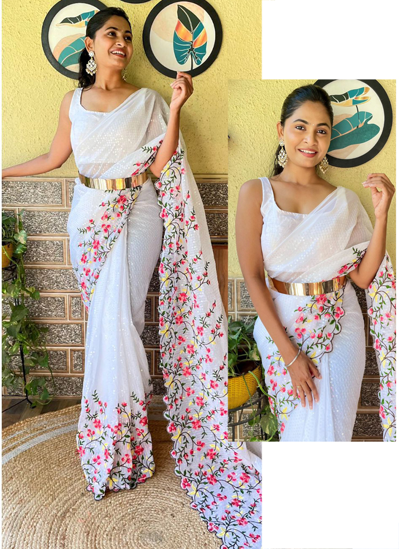 Buy online White Embroidered Poly Chiffon Party Wear Saree from ethnic wear  for Women by Bollywood Designz for ₹3199 at 6% off | 2024 Limeroad.com