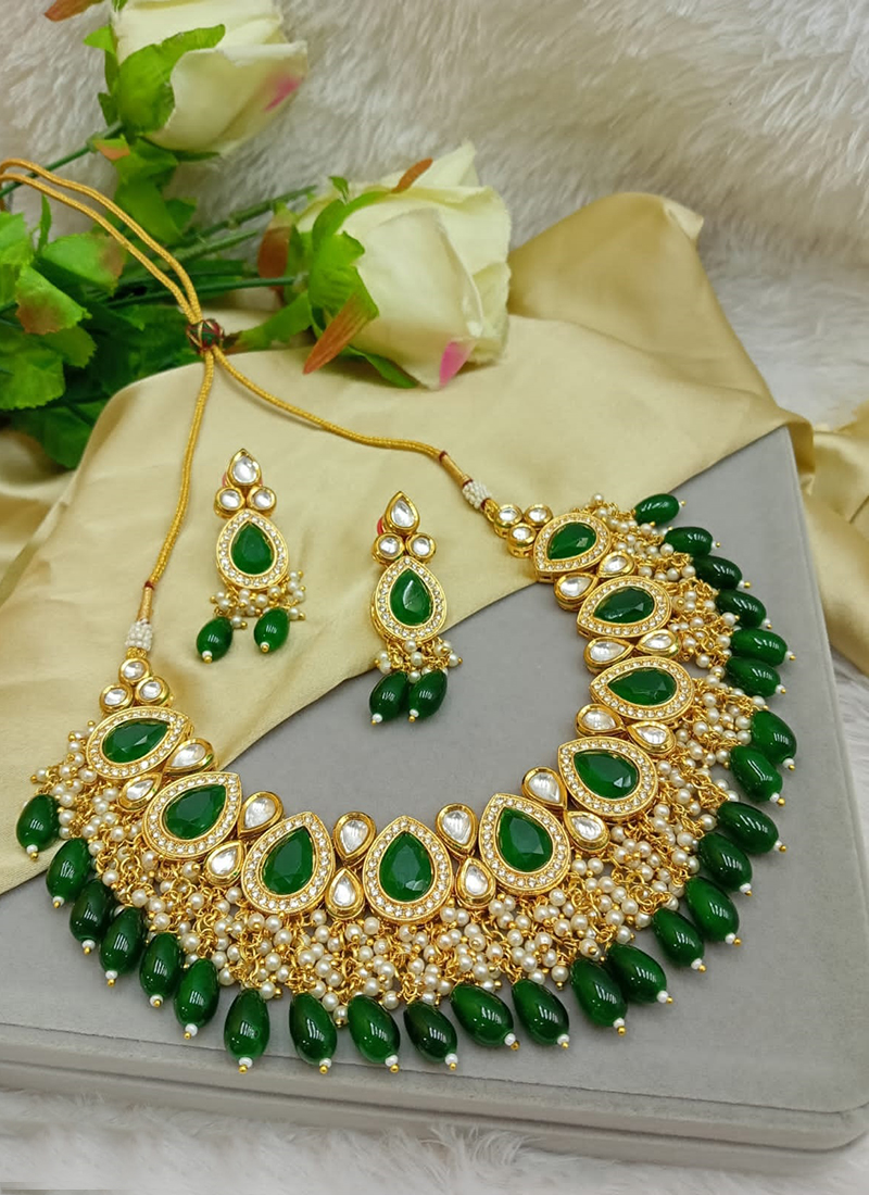 Shabana dabi Kundan semi-bridal necklace set - Dark Green – Rohika Store