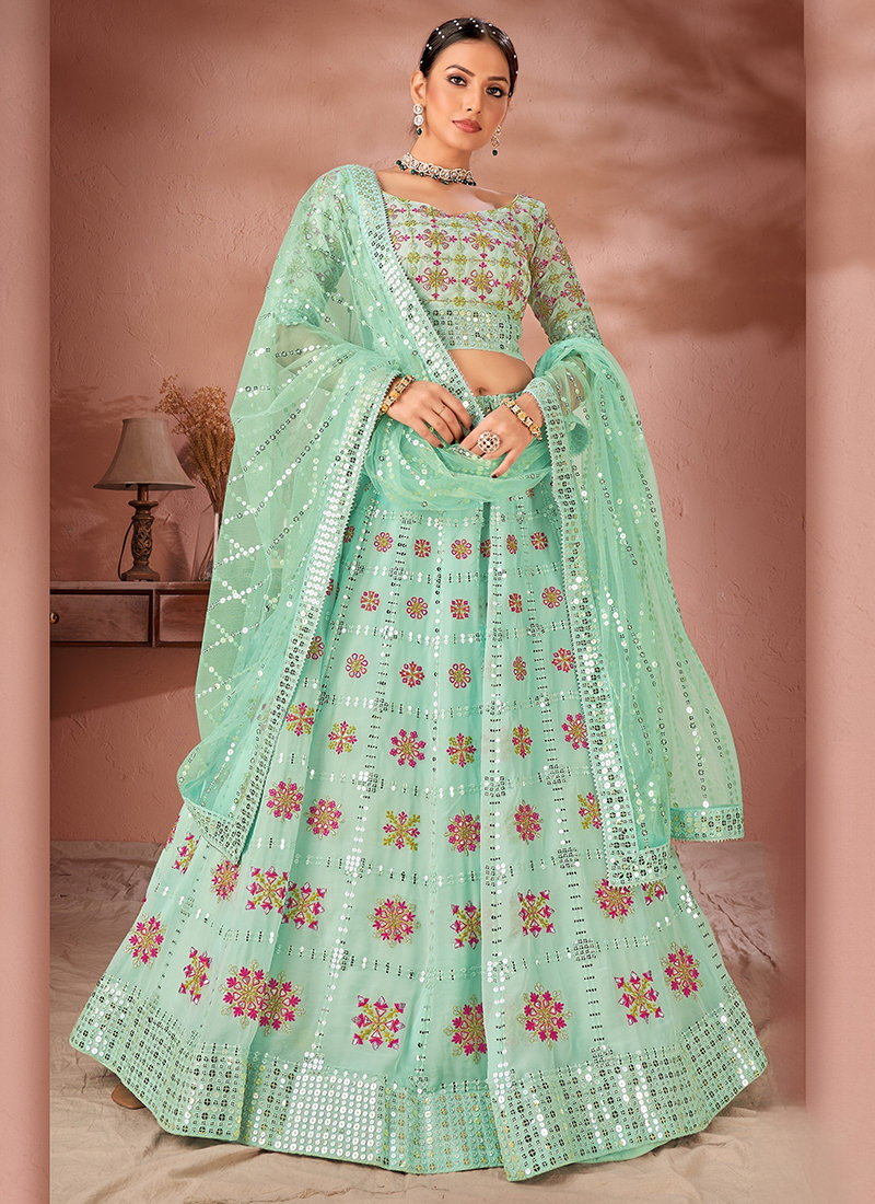 Net Party Wear Lehenga Choli In Sea Green Colour