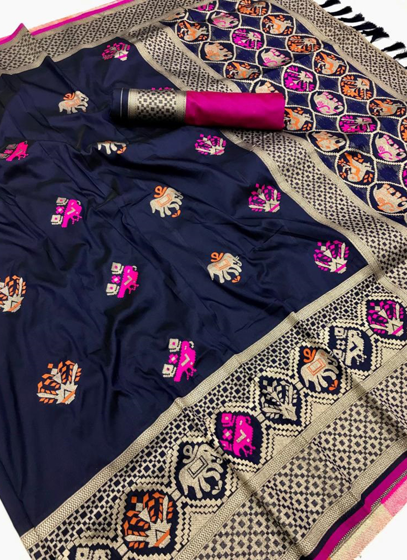 Buy Navy Blue Zari Weaving Soft Silk Saree Online