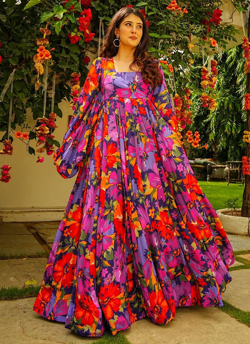 Buy Festival Wear Multi Color Printed Georgette Gown With Dupatta Online  From Surat Wholesale Shop.