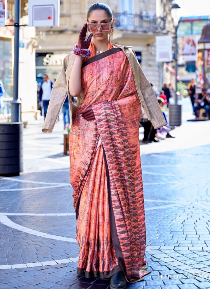 Satin Contemporary Saree in Peach buy online -