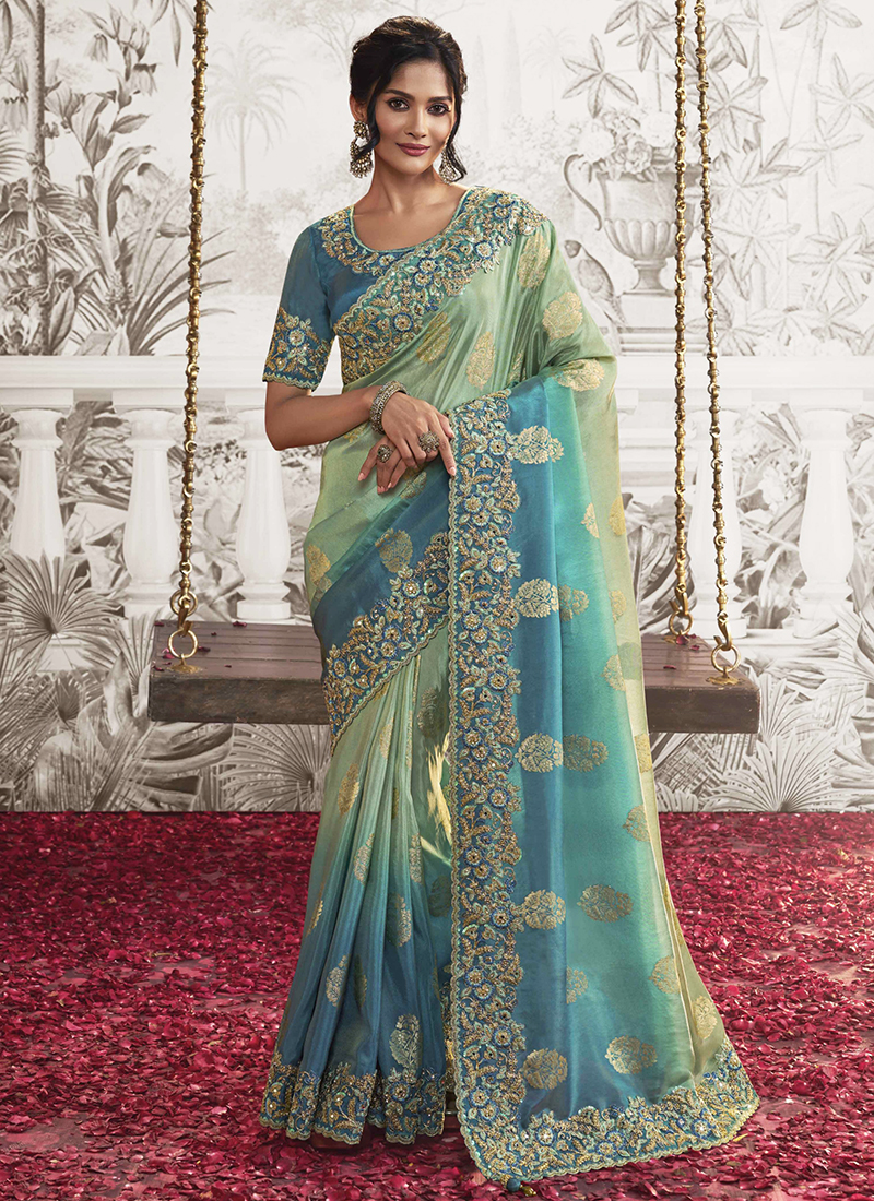 Buy Designer Saree - Vista Blue Crepe Georgette Silk Embroidered Saree –  Empress Clothing